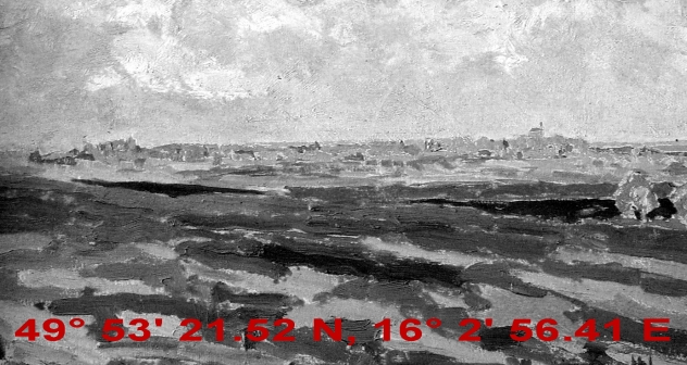 Bohumil Knyttl: Pohled na Košumberk a Luži z 49° 53' 21.52 N, +16° 2' 56.41 E